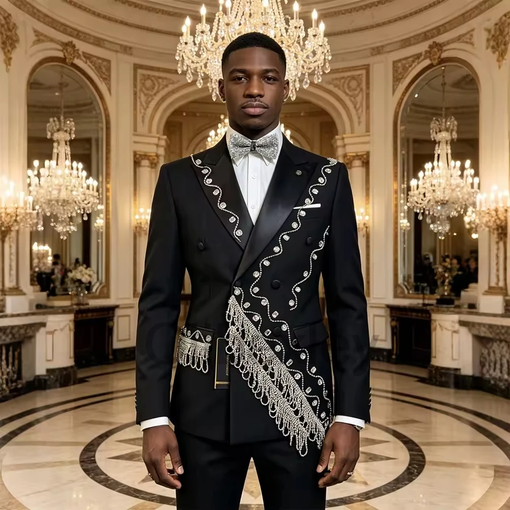 Olibexley Handsome Black Men Suits Beads Slim Fit Peak Lapel Groom Wedding Tuxedos Male Formal Tuxedos 3PCS Sets Customized S480