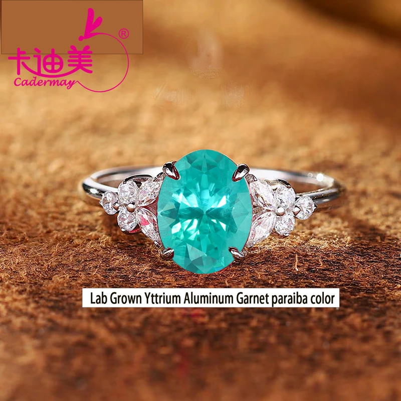 Yellow Tsavorite Paraiba Color Lab Grown Yttrium Aluminum Garnet YAG Silver 925 Rings D VVS Moissanite Ring For Women Jewelry