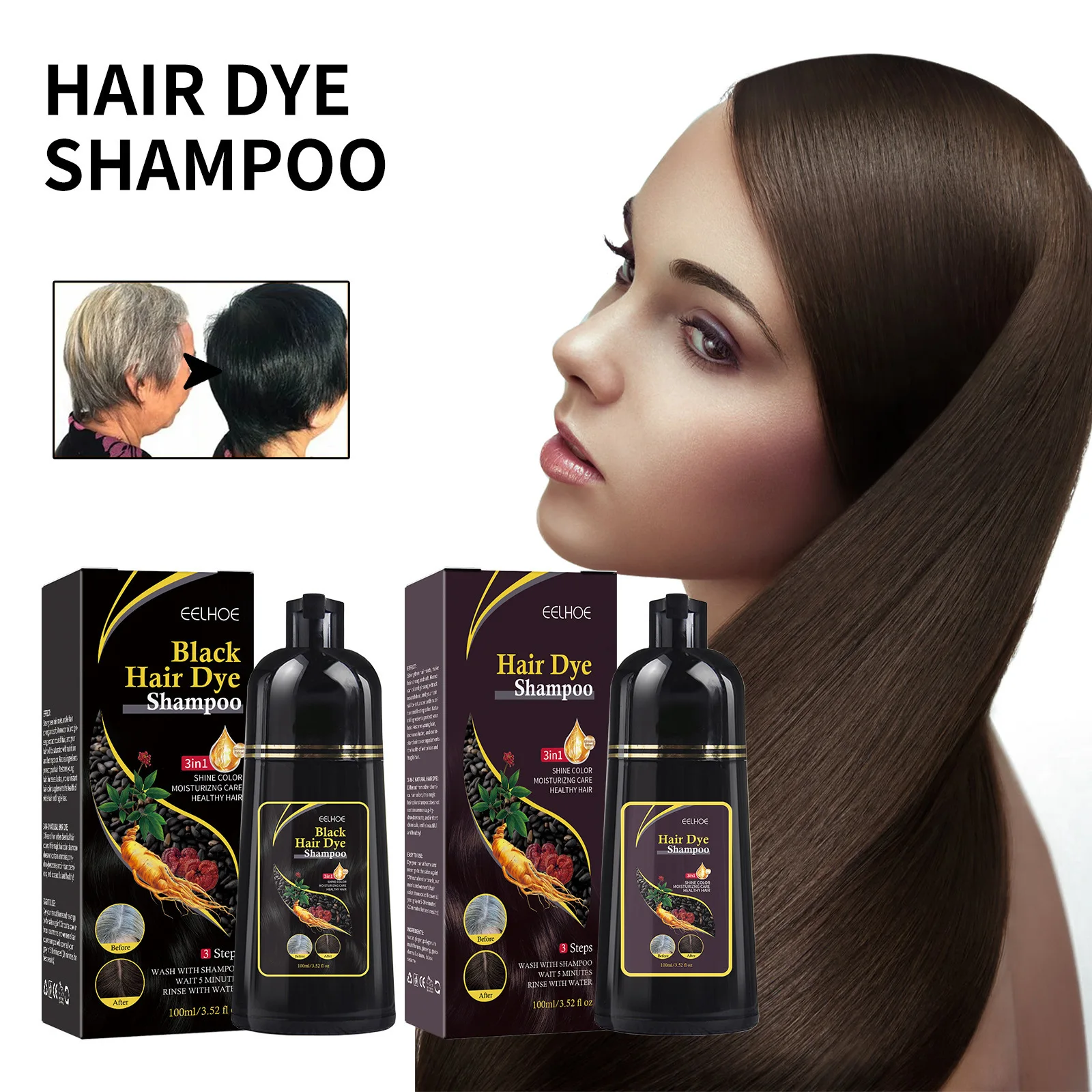 

100ml Black Color Hair Dyeing Shampoo 3-in-1 Natural Herbal Instant Coloring Shiny Hair Dye Shampoo Nourishing Hair