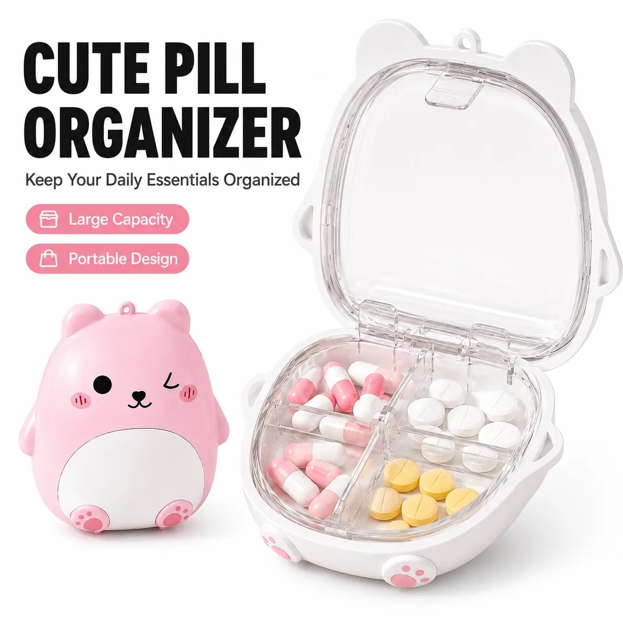 Mini Portable Bear Cartoon Jewelry Storage Box Travel Sealed Five Grids Organizer Compact Personal Medicine Box