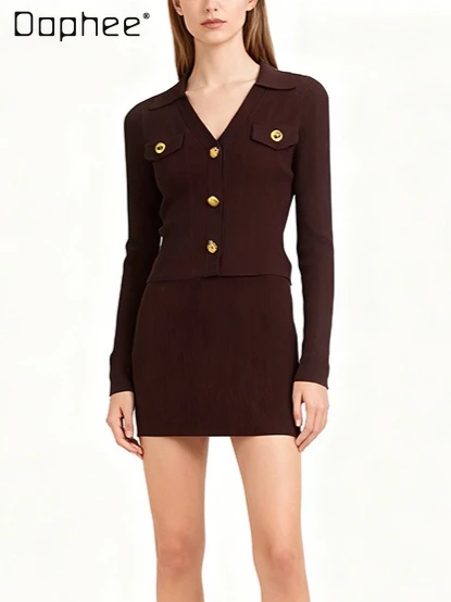 

French Style Fashion Solid Color Lapel Cropped Cardigan Top 2025 Autumn New Deep V Patchwork Slim Fit Long Sleeve Cardigan Women