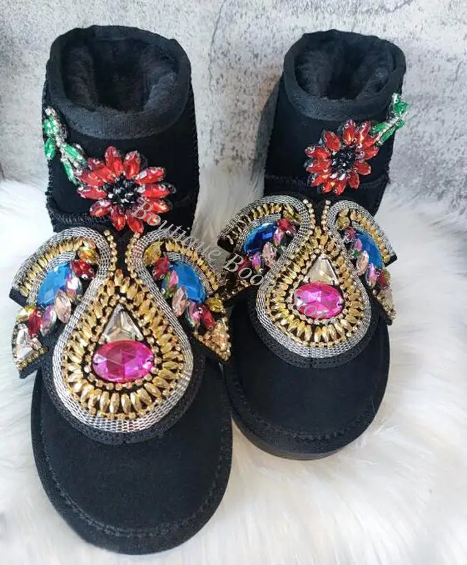 Black Cow Suede Rhinestone Red Sunflower Snow Boots Multi Diamond Crystal Warm Plush Inside Woman Winter Booties