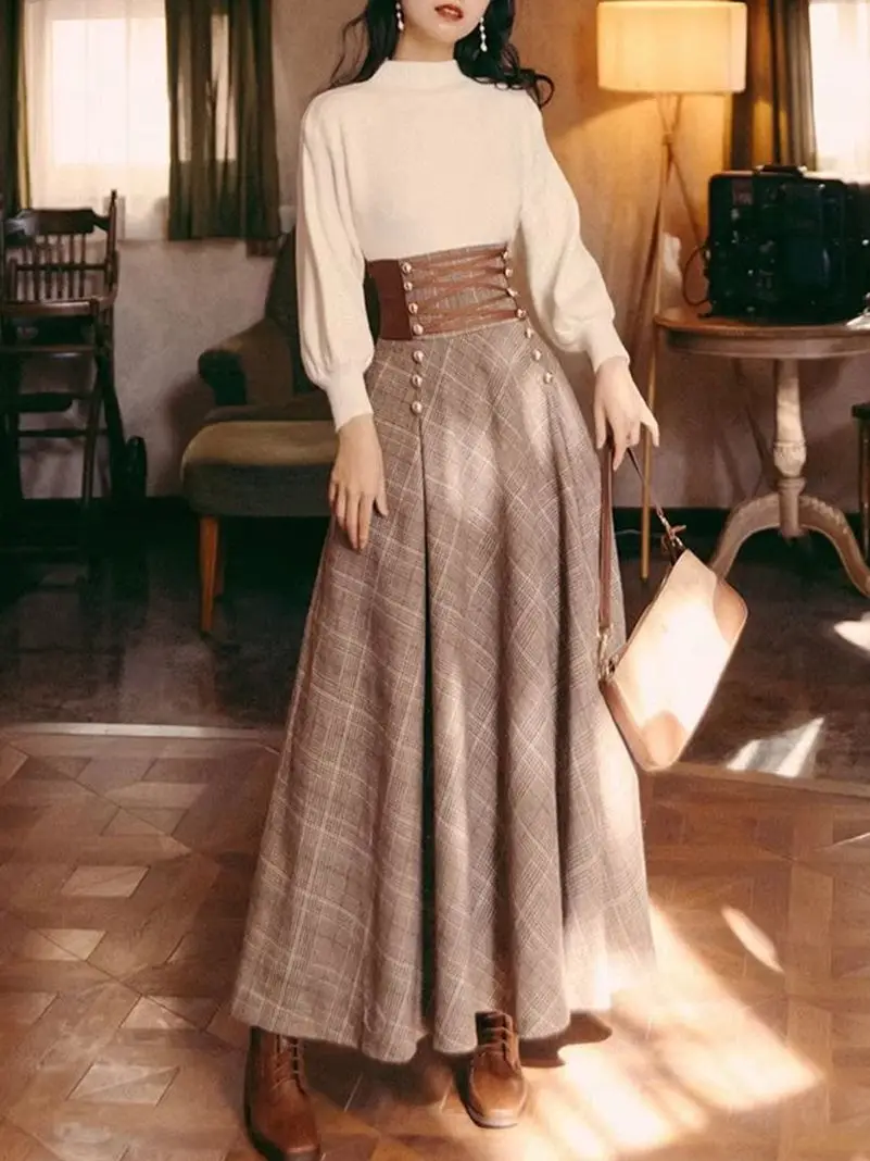 Elegant High Waist Plaid Skirt Long Midi Skirt Office Lady Business Casual A Line Button Detail Vintage Checkered Skirt Fashion