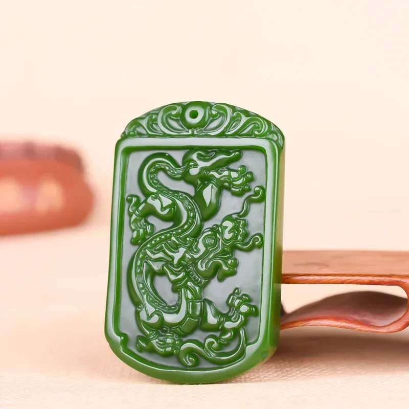 

Natural Green Hand-carved Dragon Jade Pendant Jewelry Necklace Zodiac Dragon Jade Pendant, Spinach Jade Pendant