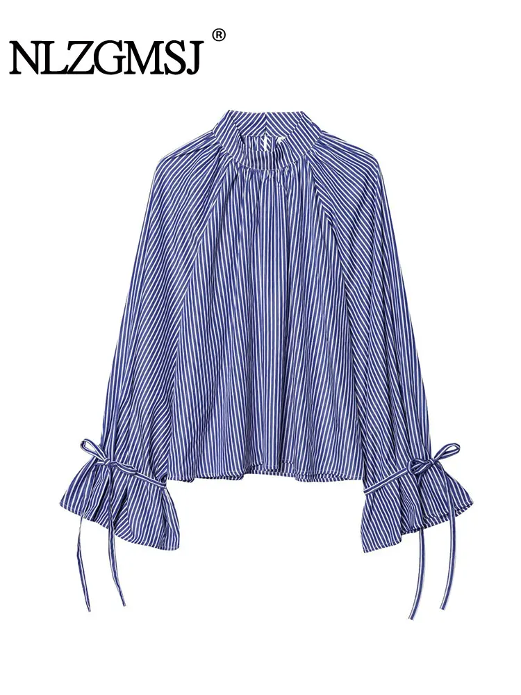 

2025 Women's Vintage Stripe Casual Shirt Turn-down Collar Flare Sleeve Single-Breasted Blouse Fashion Summer Top