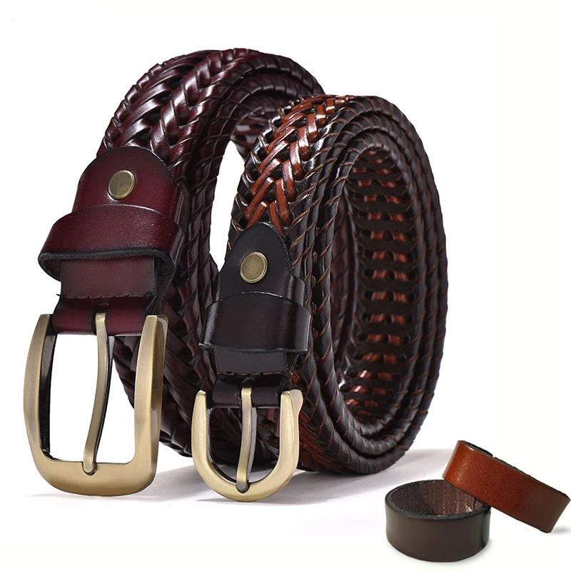 Hand-woven Belt Leather Cowhide Men and Women Retro Casual Pin Buckle Hollow Belt Fashion Versatile