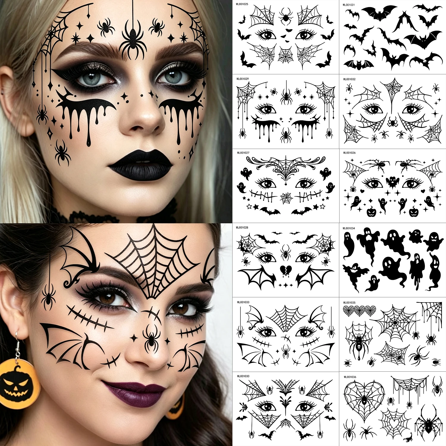 12PCS Scary Halloween Face Tattoos Spider Web Bat Skeleton Sticker Waterproof Glitter Temporary Tattoo Halloween Cosplay Party *