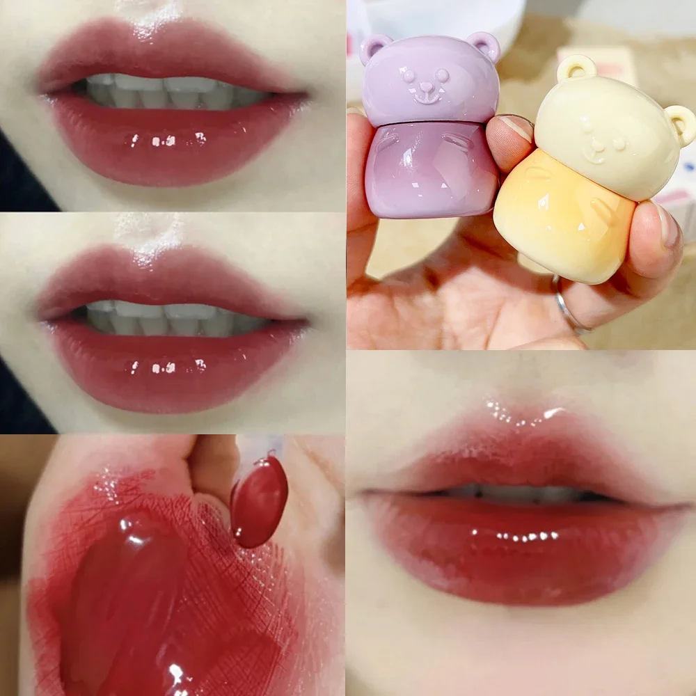 Brillo de labios de gelatina con luz de agua, lápiz labial de cristal con espejo de oso bonito, duradero, resistente al agua, Sexy, púrpura, rosa, rojo, tinte labial, esmalte de labios cosmético