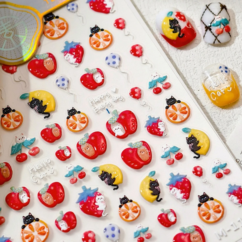 

Lovely Red Apple Cherry Lemon Orange Balloon Cartoon Cat Bear 3D Self Adhesive Nail Art Stickers Cute Fruits Manicure Decals