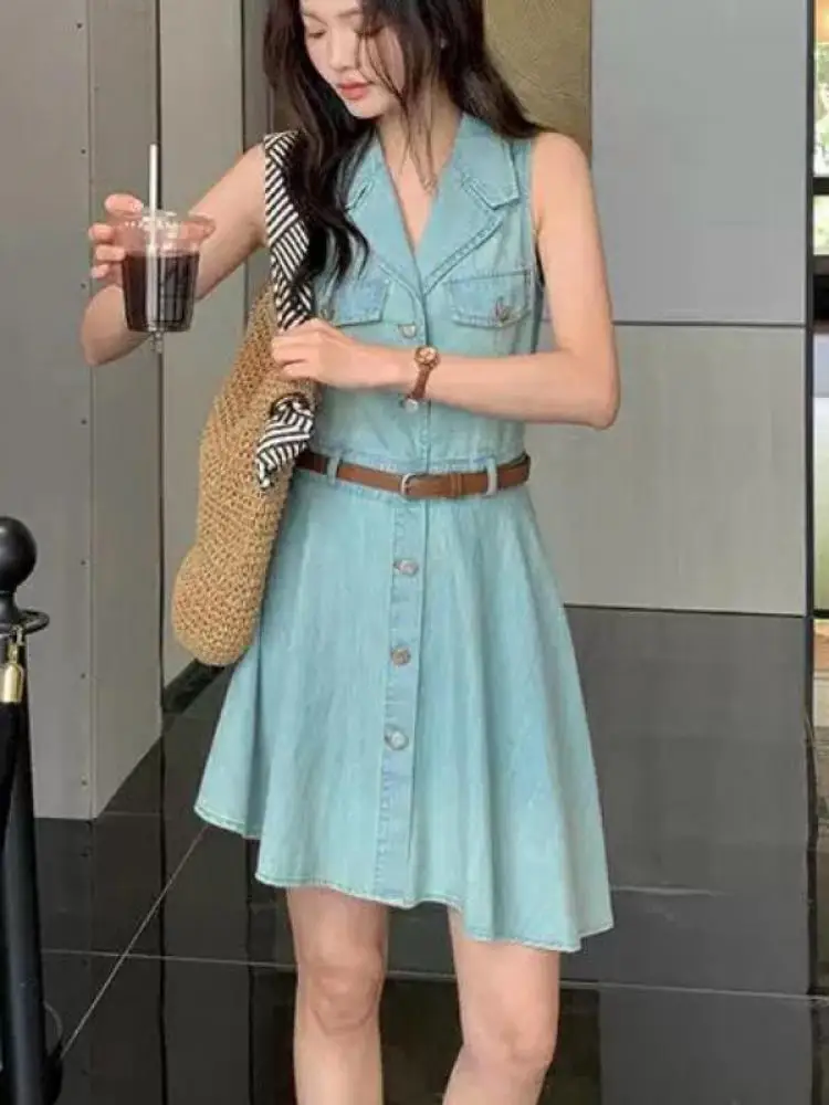 

French Retro Women Blue Denim Elegant Sexy Sleeveless Vest Short Dresses Summer Single Breasted Vacation Mini Jean Dress Popular
