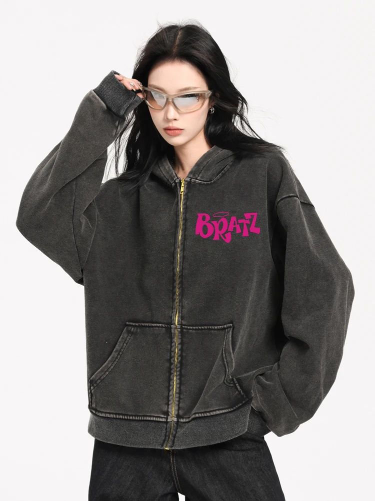 Pink Bratz Art Letter Print Women Washed Zipper Hoodie Fashion Loose Hoody Soft Casual Sweatshirt Autumn Cotton Female Clothing