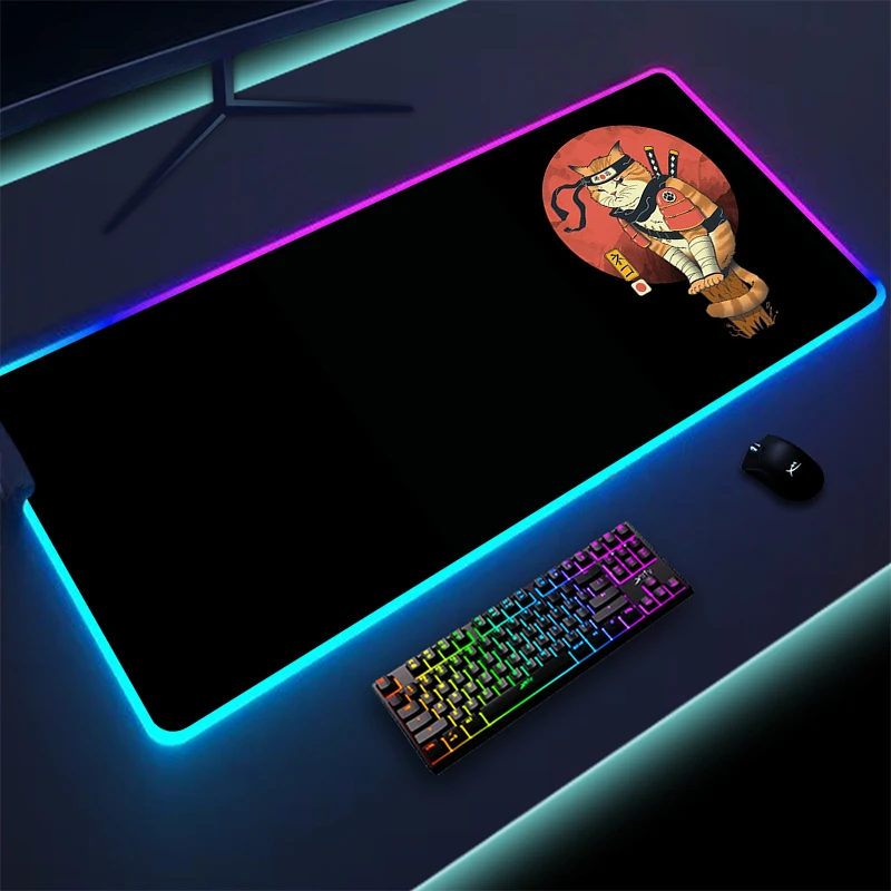 

RGB коврик для мыши, японский ниндзя, кот, красочный светящийся Настольный коврик, геймерский настольный декор, игровые аксессуары, коврик для мыши со светодиодным освещением