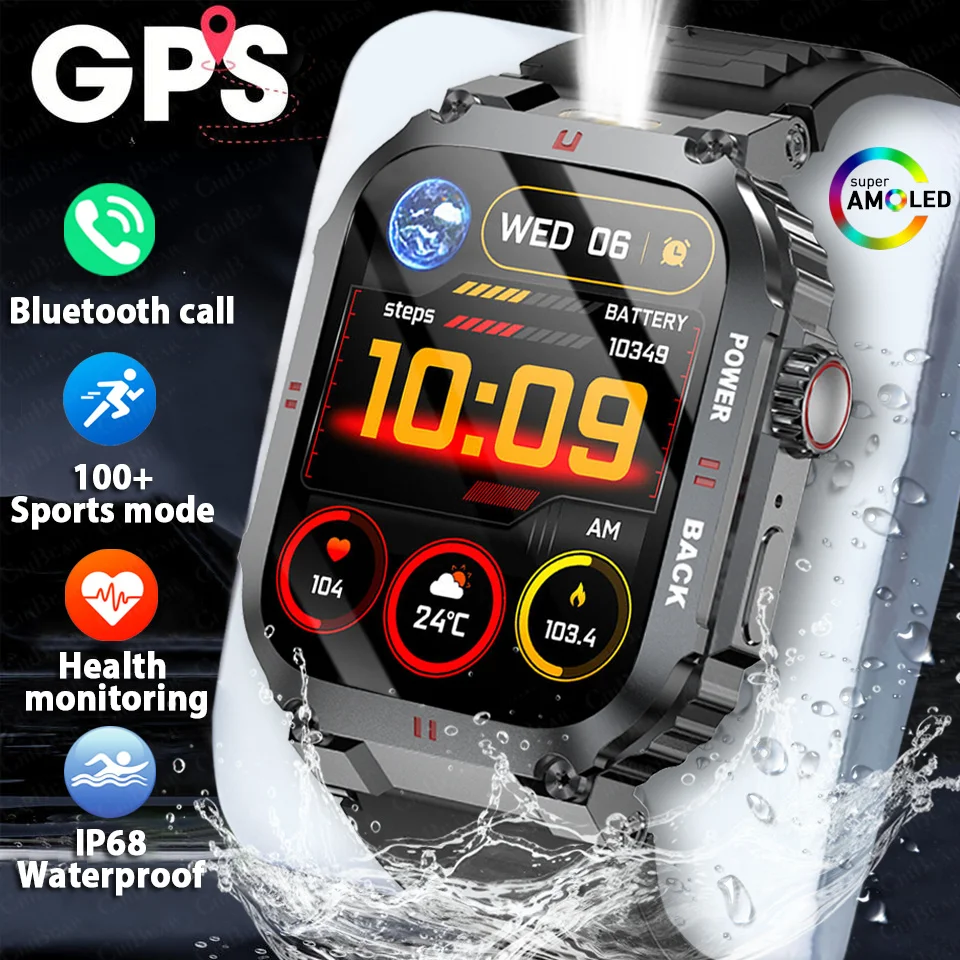 

2025 Новые военные умные часы для мужчин, светодиодный фонарик, спортивные часы для фитнеса, Bluetooth-вызов, мониторинг здоровья, водонепроницаемые умные часы