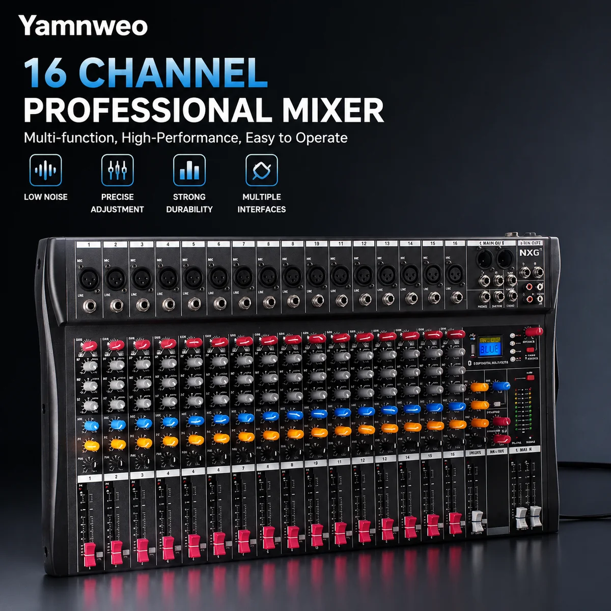 Yamnweo CT160, 16-Kanal Professioneller Audio-Mixer, Bluetooth Wireless USB MP3-Wiedergabe, 3-Band-EQ, 48V Phantomspeisung, Studioaufnahme & DJ-Bühnen- & Live-Übertragungsmixer