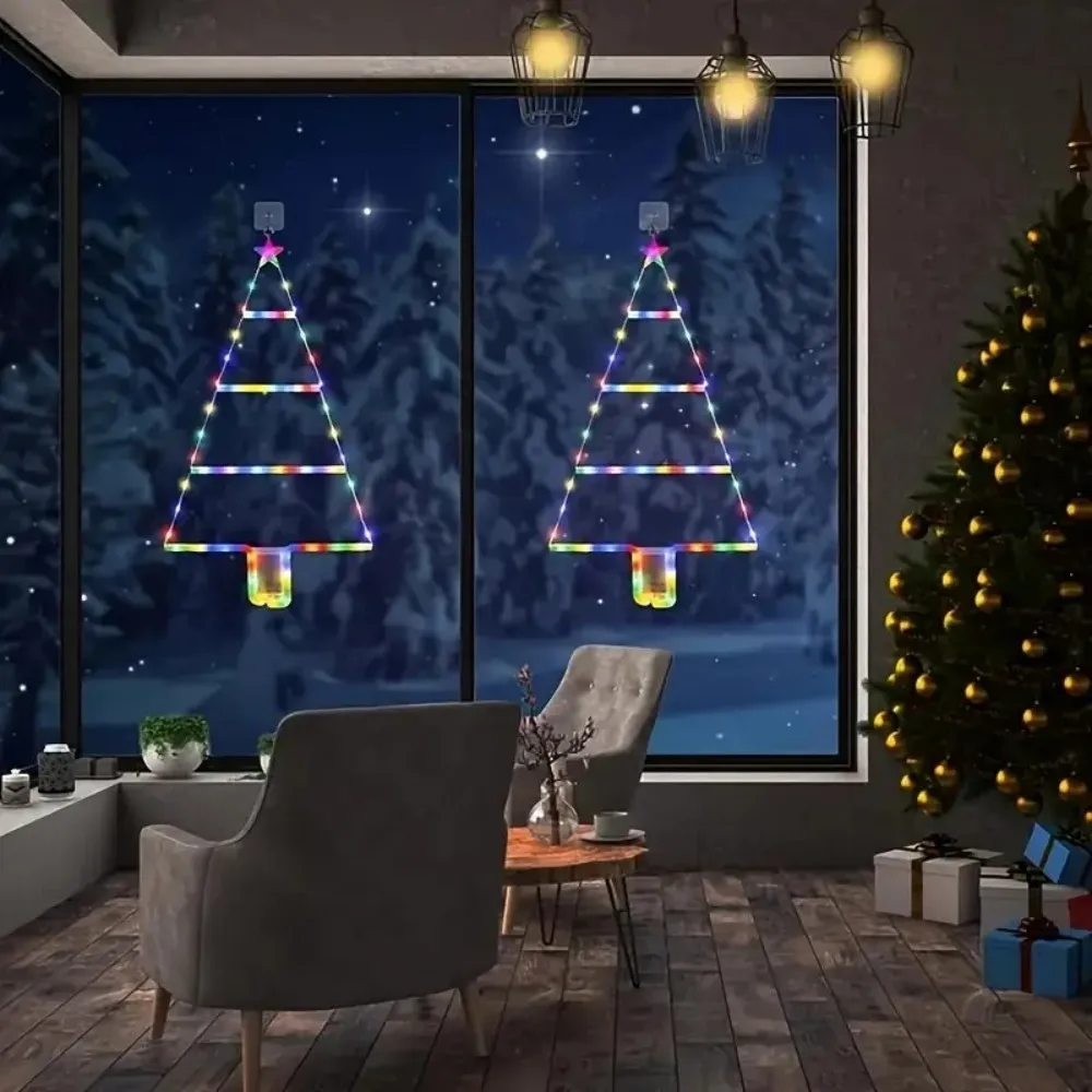 1PC battery Christmas tree ladder light with hook hanging, suitable for Christmas themed party balcony glass decoration