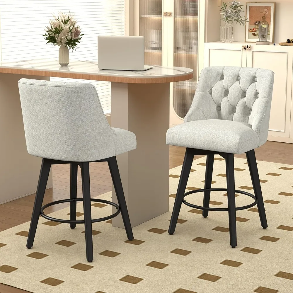 

Counter Height Bar Stools Set Of 2, 26”h Swivel Barstools With Back And Solid Wood Legs, Performance Fabric Counter Height Stool