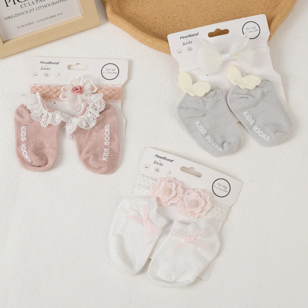 3Pcs/Set Lace Flower Baby Headbands Socks Wing Bow Cotton Non-slip Anklet 0-12M Stockings Wide Elastic Hairbands Infant Socks