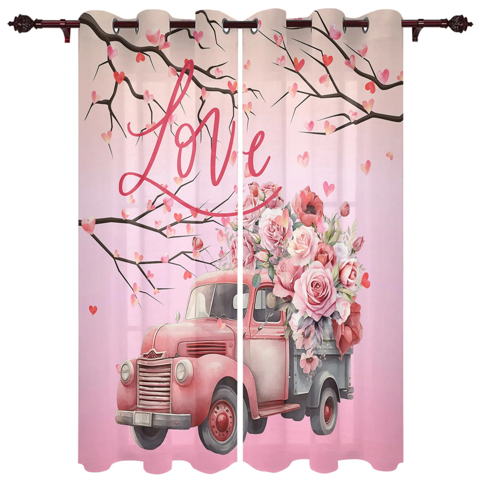 Valentine'S Day Love Truck Rose Branch Window Curtains Living Room Bedroom Screens Modern Luxury Home Decor Valance Drapes