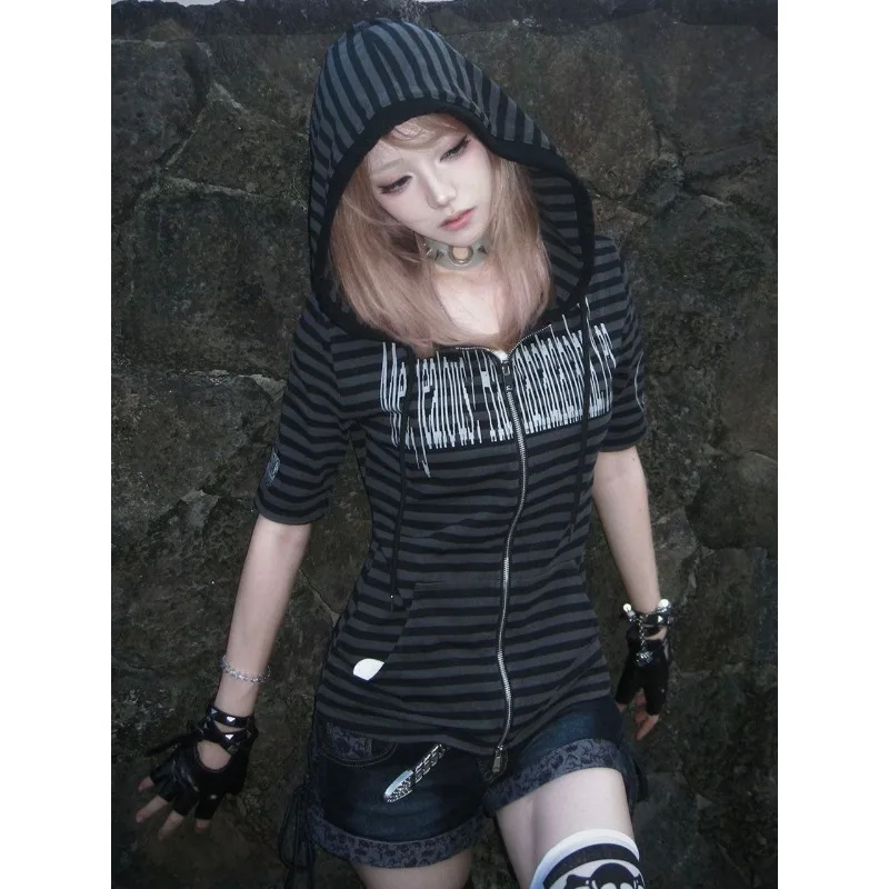 Y2k Subcultural Hooded Short Sleeved Cardigan Fashion Slim Fit Striped Shoulder T-shirt Ancient Millennium Style Top Ropa Mujer