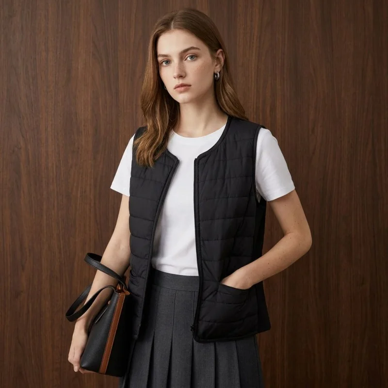 Birdtree Filling 100% Silk Solid Waistcoat, Women's O-neck Vest Jacket, Warmth Sleeveless Tank Tops, 2026 Autumn New T69326JF