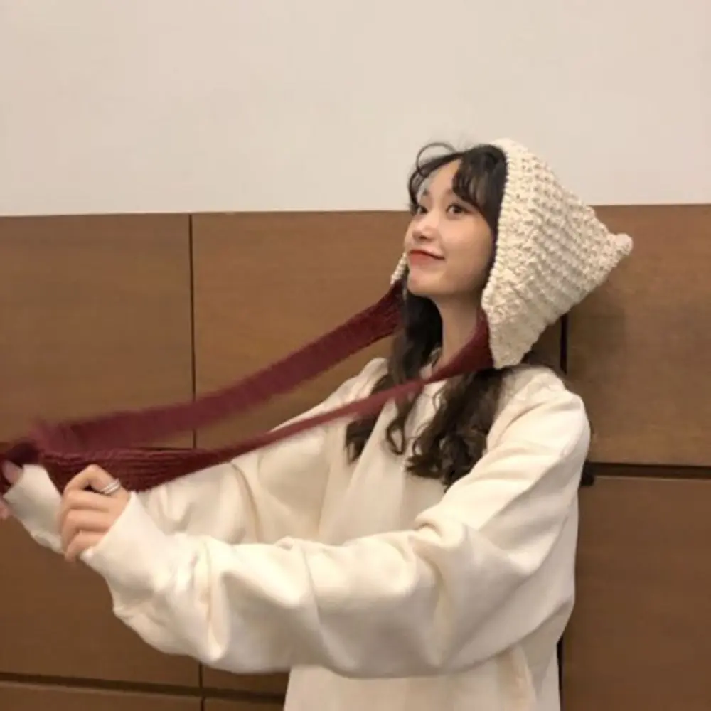 Woolen Yarn Knitted Loose Tie Up Hood Loose Fitting Windproof Warm Hat Soft and Skin Friendly Warm Ear Protection Hat