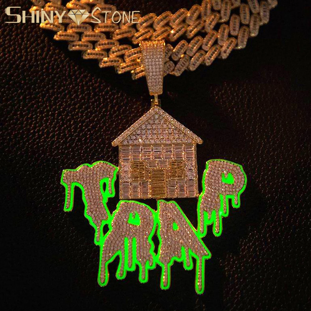 Hip Hop Luminous Cz House Pendant Link Chain Dripping Glow In The Dark Bling Zirconia Iced Out Necklace for Men Women Jewelry