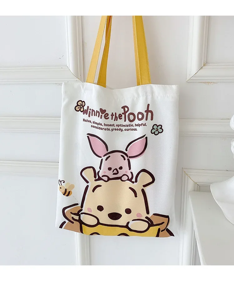 Disney Student Versatile Cartoon Winnie The Pooh Canvas Bag Large Capacity Book Bag Handbag Going Out Mom Commuting Bag