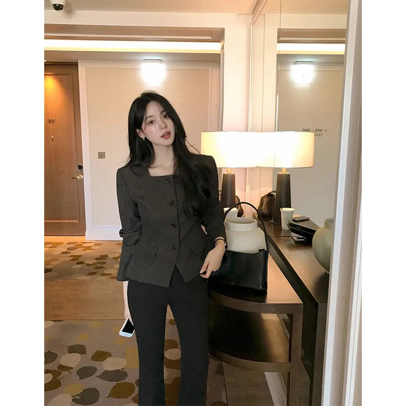 MEXZT Elegante Abgeschnitten Jacke Frauen Fashion Square Kragen Schwarz Mantel Herbst Koreanische Einreiher Lange Ärmel Kurze Outer