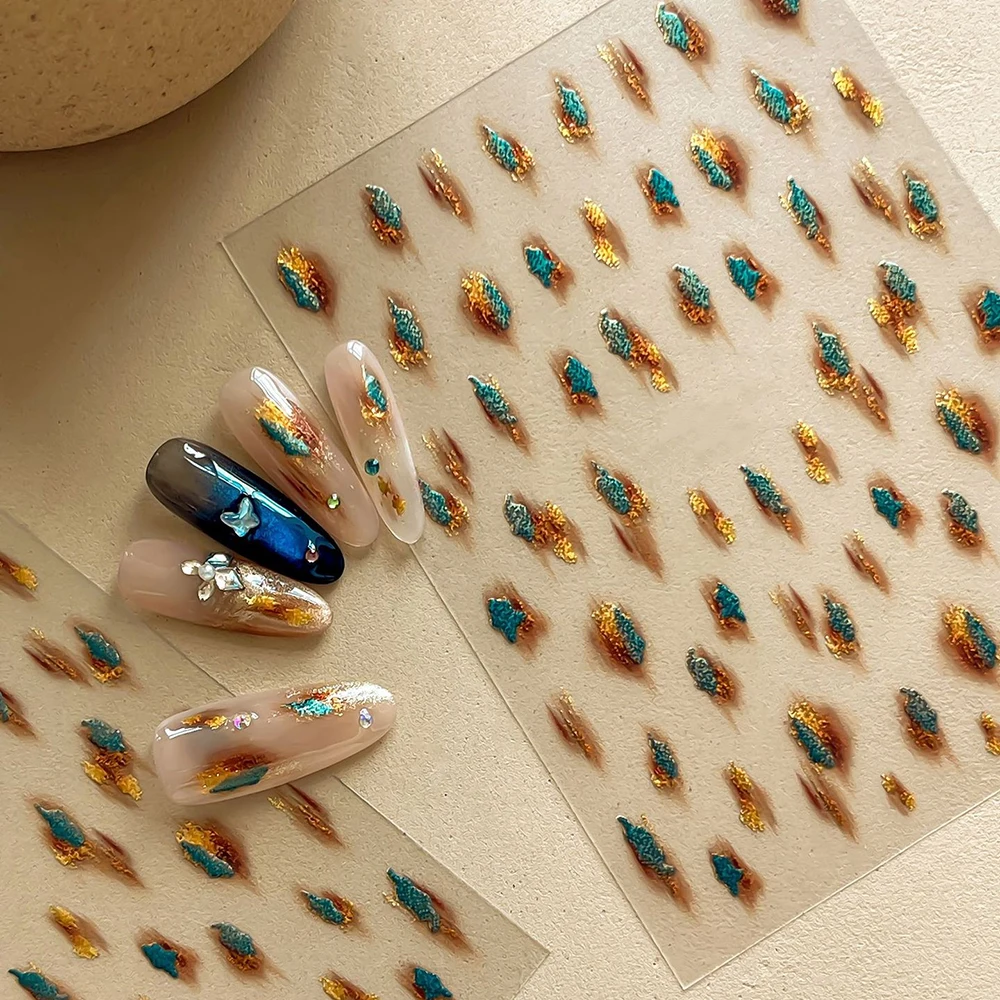 1Pcs Retro Amber Foil Glitter Nail Stickers 3D Luxry Gold‑Blue Brown Gradient Irregular Pattern Nail Decal Autumn Nail Sliders