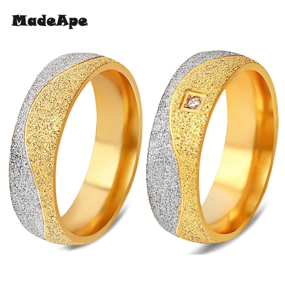 MadApe Gold Color Couple Crystal Ring Scrub Frosted Stainless Steel Wedding Rings For Women Or Men Wholesale Jewelry