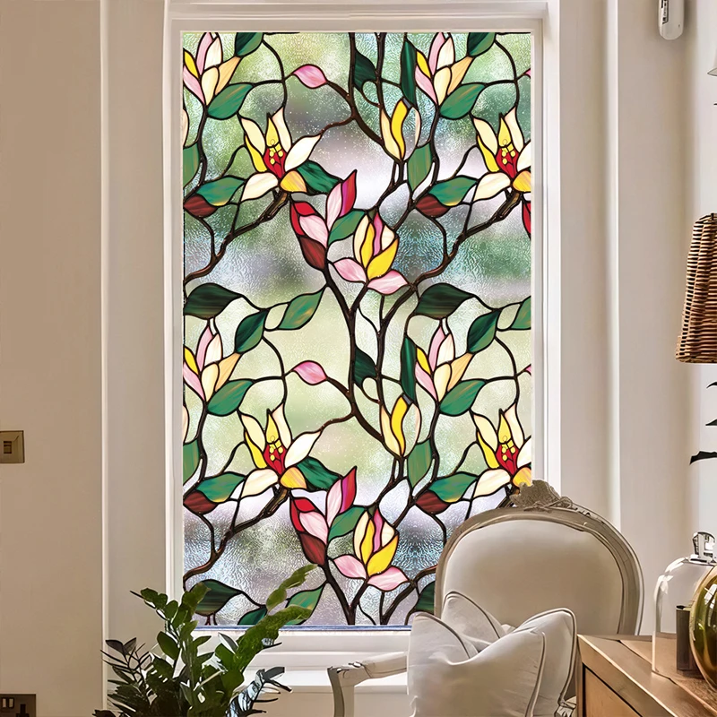 

Vintage Colorful Floral Pattern PVC Window Film Static Cling Privacy Glass Sticker Living Room Bedroom Decorative Window Film