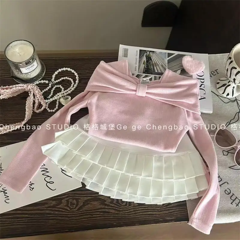 

100-150cm Girls' Spring Clothing Set New Children's Fashion Bow Top+pleated Skirt Two Piece Set