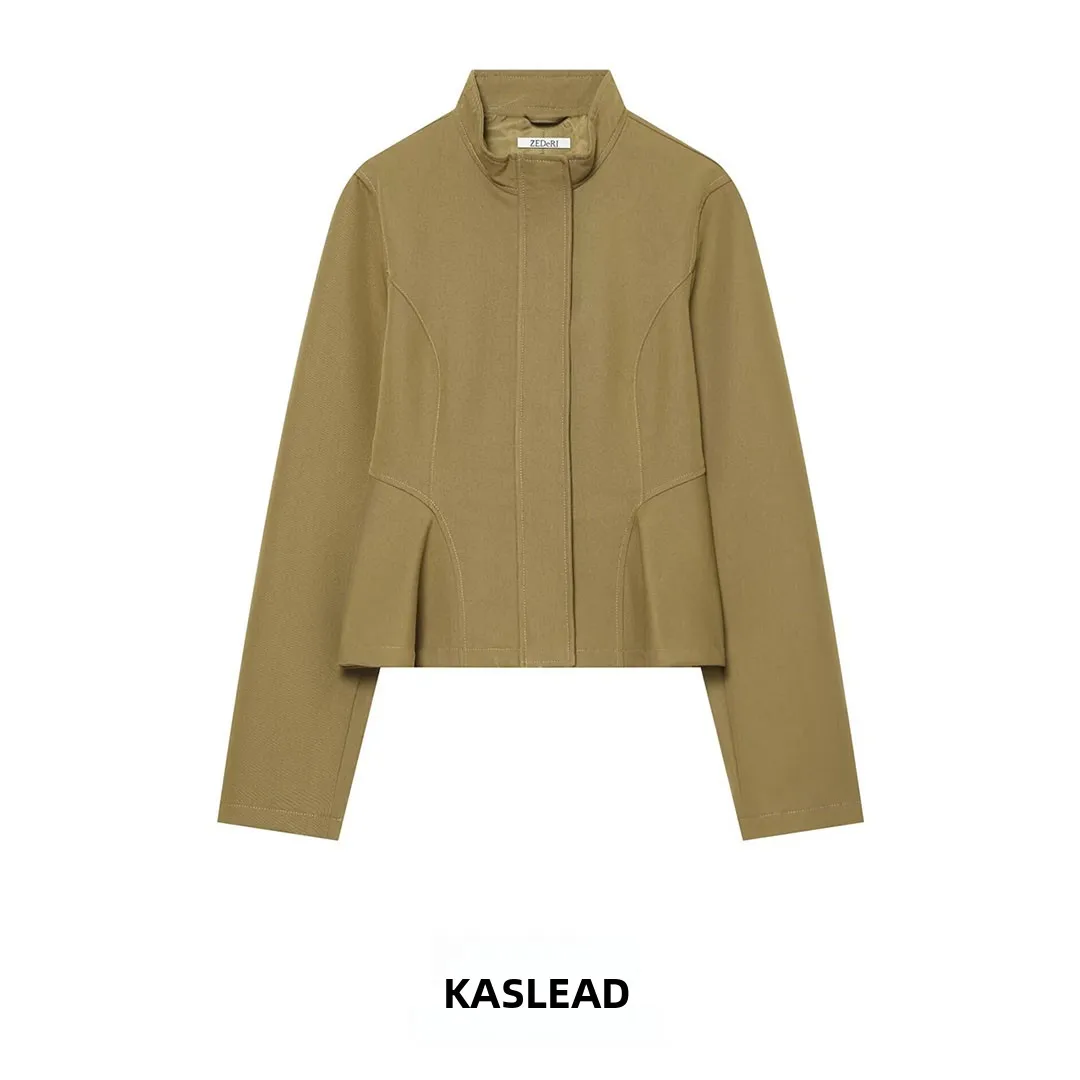 KASLEAD Women's Slim Fit Nine-Point Short Skirt Jacket Outerwear Long Sleeve Zipper Closure Polyester Fiber Autumn Fashion