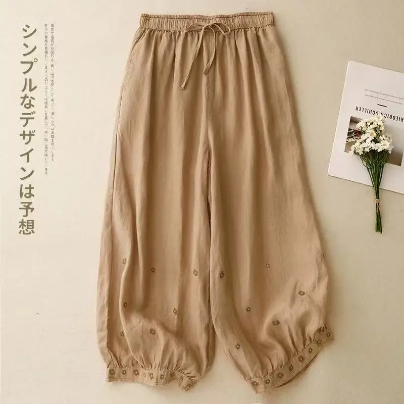 2025年夏新作 レディース カジュアルパンツ レトロ 無地 刺繍入り ウエストゴム ルーズ 九分丈 ランタンパンツ
