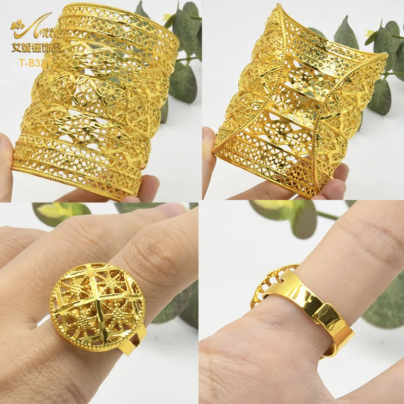 Conjunto de anel de pulseira de cobre aberto dubai oco gravura banhado a ouro jóias noiva areia ouro jóias vendas diretas da fábrica