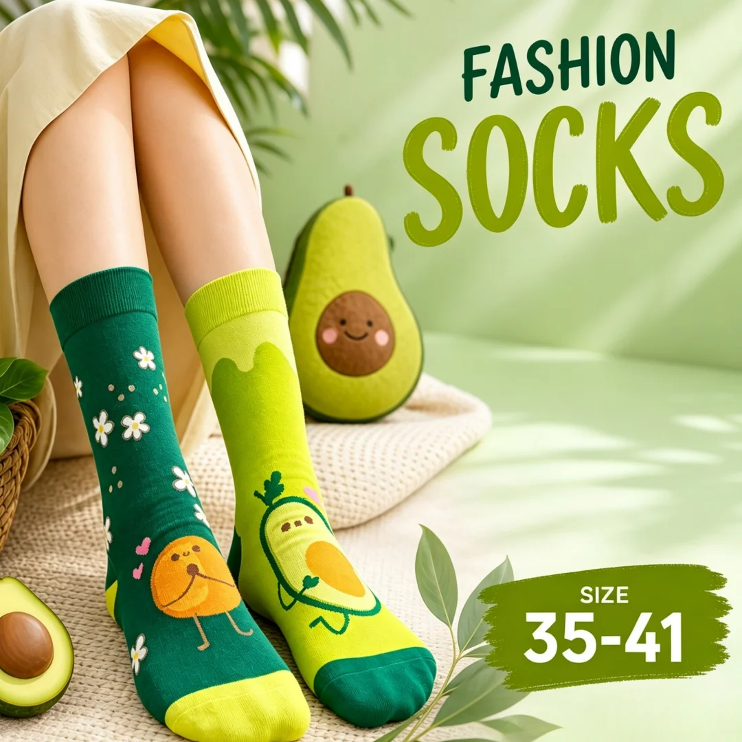 1 pair of socks with an avocado and floral print, asymmetrical design, suitable for both men and women