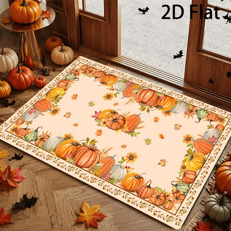 Fall Pumpkin Maple Leaf Welcome Doormat, Autumn Harvest Printed Front Door Mat, Seasonal Entryway Home Decor Rug