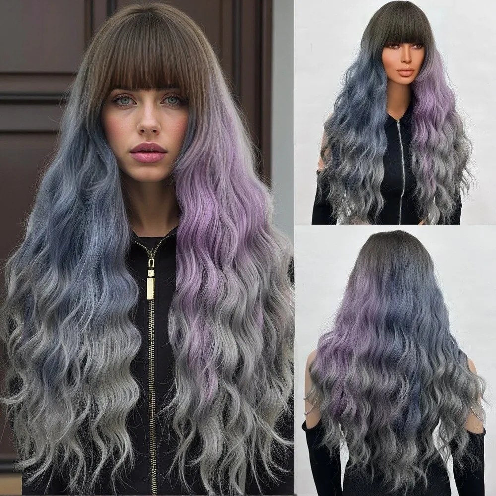 

Gradual change color ribbon bangs long hair long wavy curls women's fiber heat-resistant synthetic wig headgear