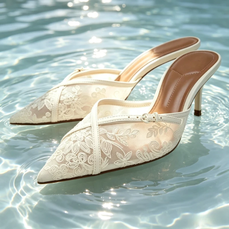 Elegant Embroidered Mesh Heeled Sandals Women Fashion Pointed-toe Stiletto Slide Sandals Luxury Wedding Bride Shoe Zapatos Mujer
