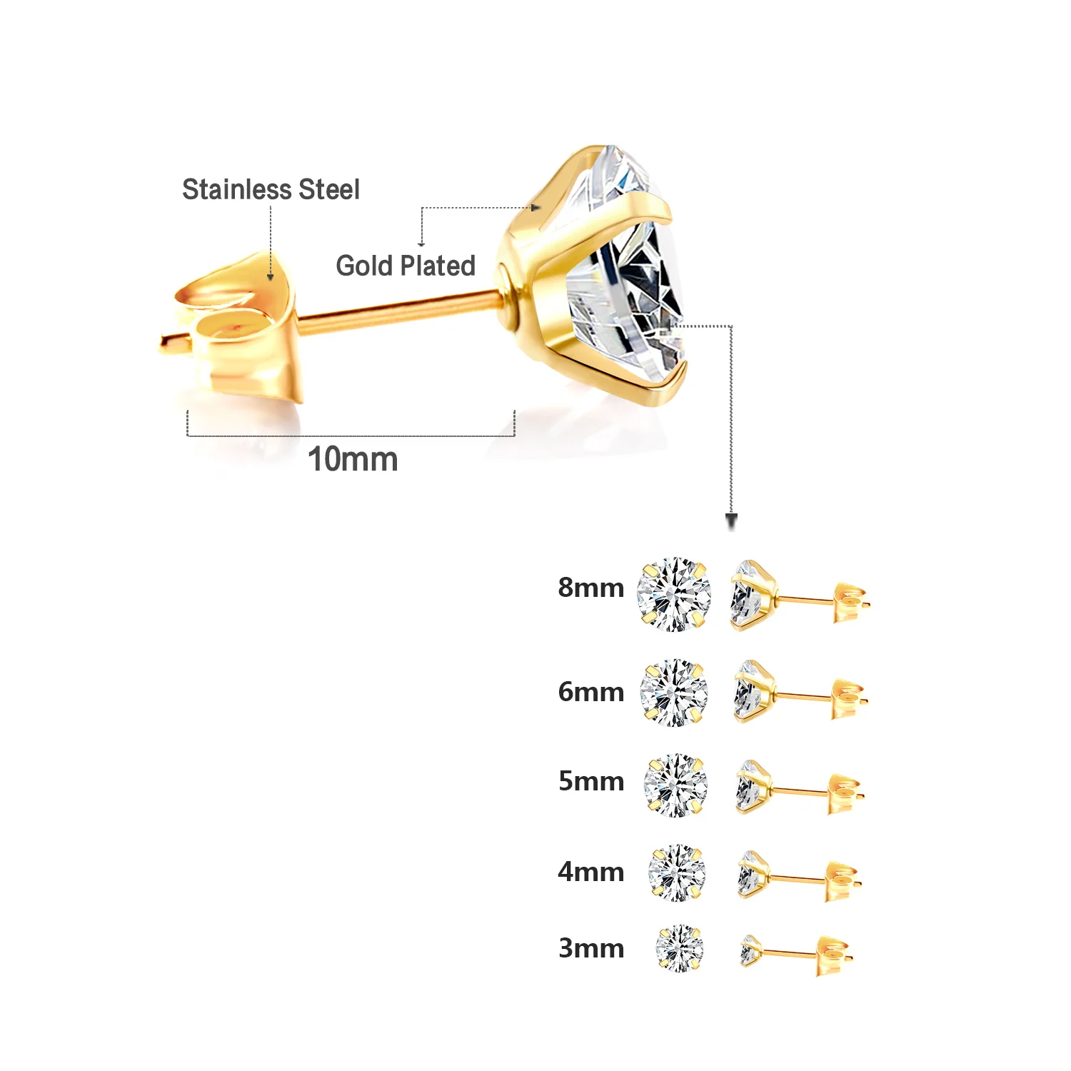 LUXUSTEEL Hot Selling 1/5/10 Pairs Stainless Steel Round Cubic Zirconia Women\'s Earrings Men Stud Earrings Jewelry Accessories