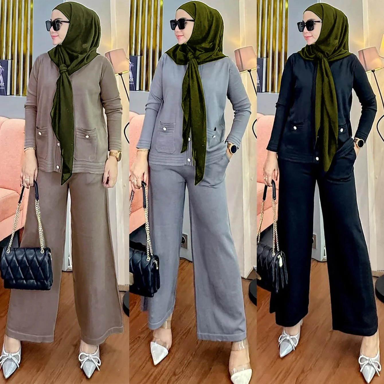 New Styles of Women's Muslim Suits for Autumn and Winter: Solid-color Long-sleeved Knitted Cardigans Paired with Wide-leg Pants.