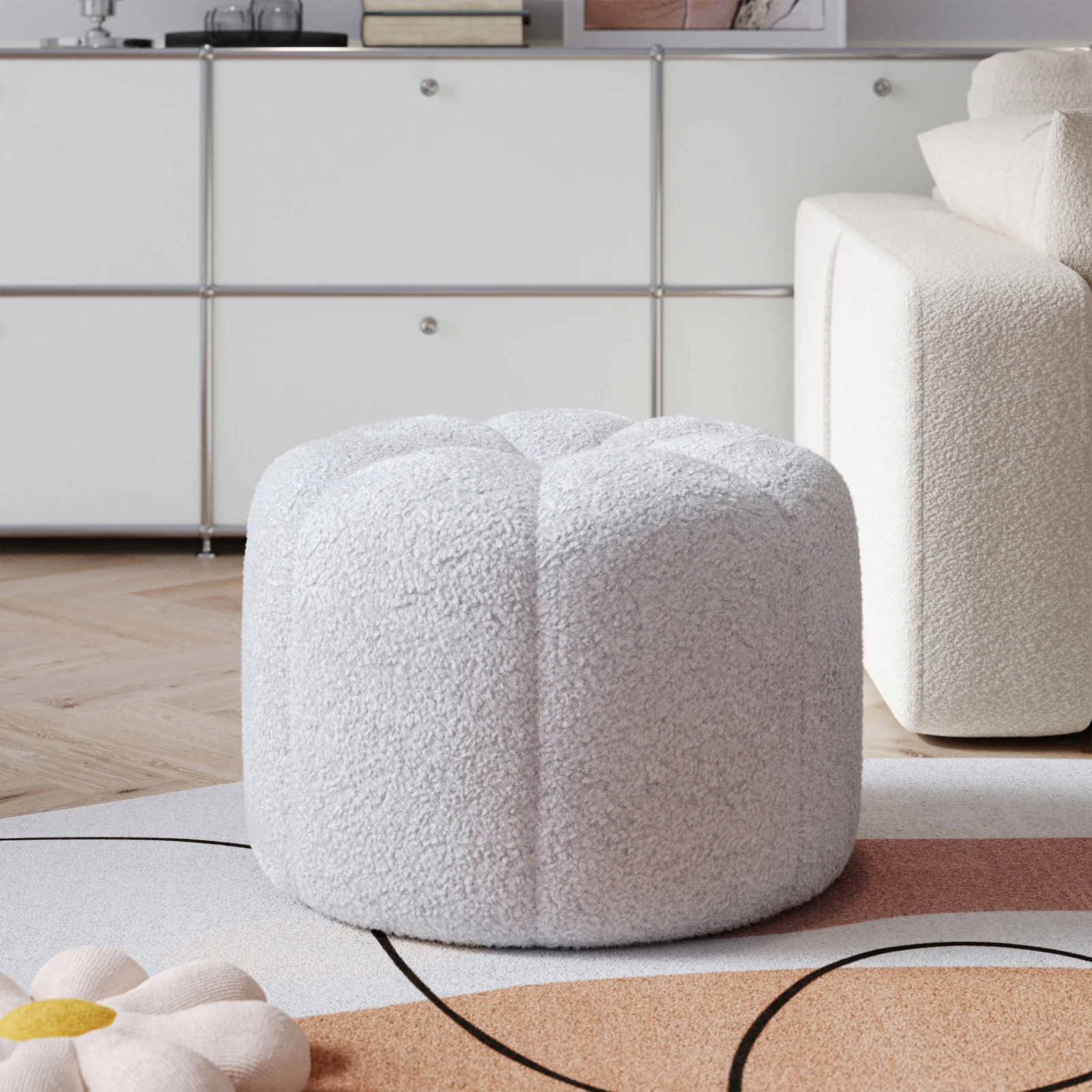 Round Shape Teddy Fabric Multifunctional Household Footstool