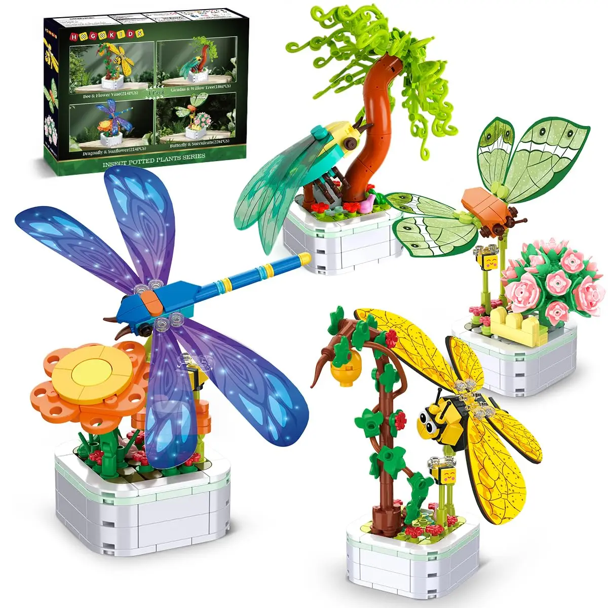 

HOGOKIDS Insect Building Set-4Packs Bug Building Toys Butterfly Dragonfly Bee Potted Home Plant Decor Birthday Gift for Kids6+