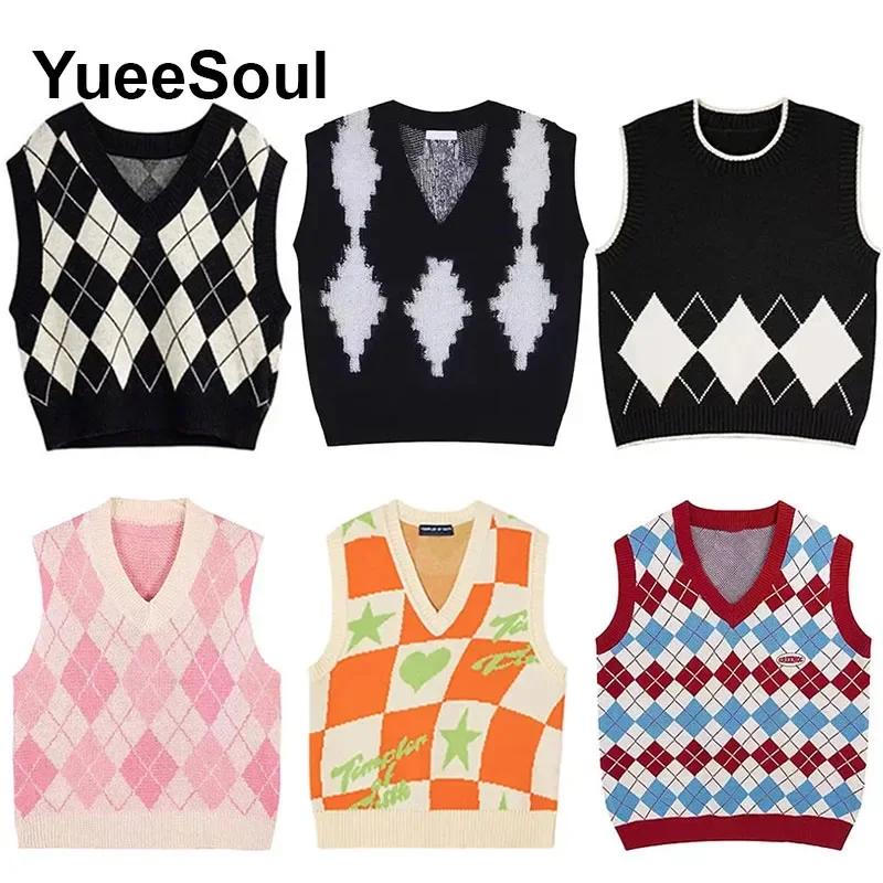 Preppy Style Argyle Women Sweater Vest Sleeveless V Neck Oversized Knitted Waistcoat 2023 New Y2K Vintage High Street Knitwear