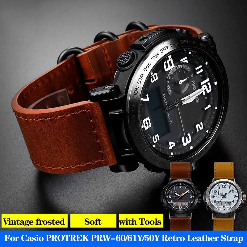 For Casio PROTREK Series PRW-60/61Y/50Y/70Y/30 Sport Retro Vintage Leather Watch Strap Bracelet Watchband Black Brown 23mm