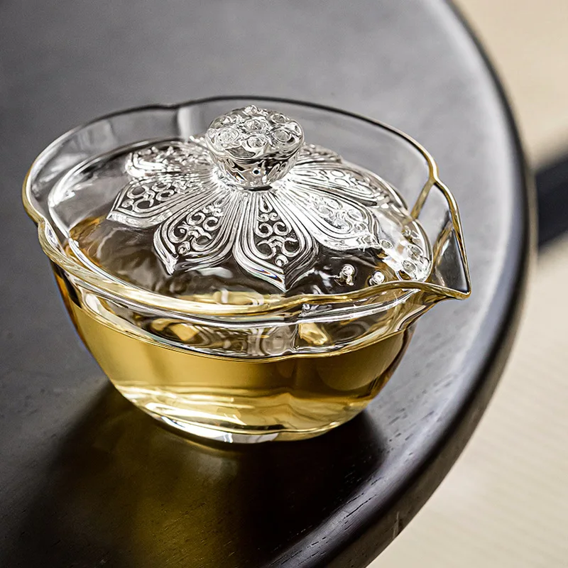 

LTT glass transparent lotus hand grab cover bowl creative heat-resistant household tea bowl tea dispenser