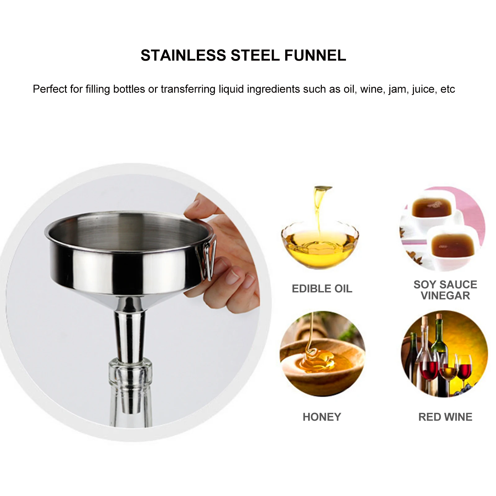 

Stainless Steel Kitchen Funnel for Oil Soy Sauce Large Mouth Bottle Draining Tool Liquid Transfer Container Filling Spill