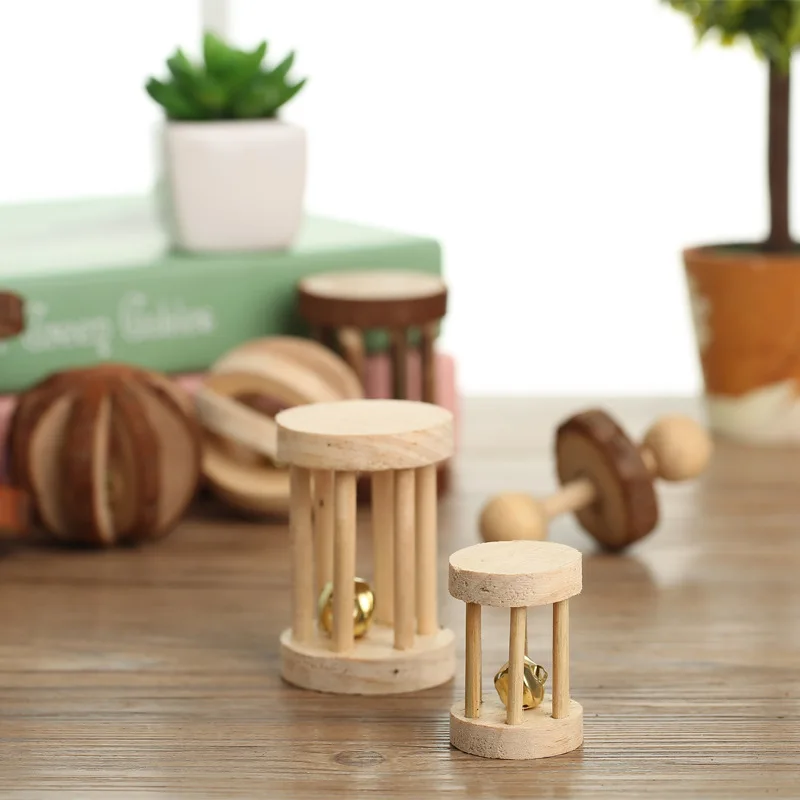 Natural Wooden Rabbits Toys Pine Dumbells Unicycle Bell Roller Chew Toys Guinea Pigs Rat Small Pet Molars Supplies Hamster Toys