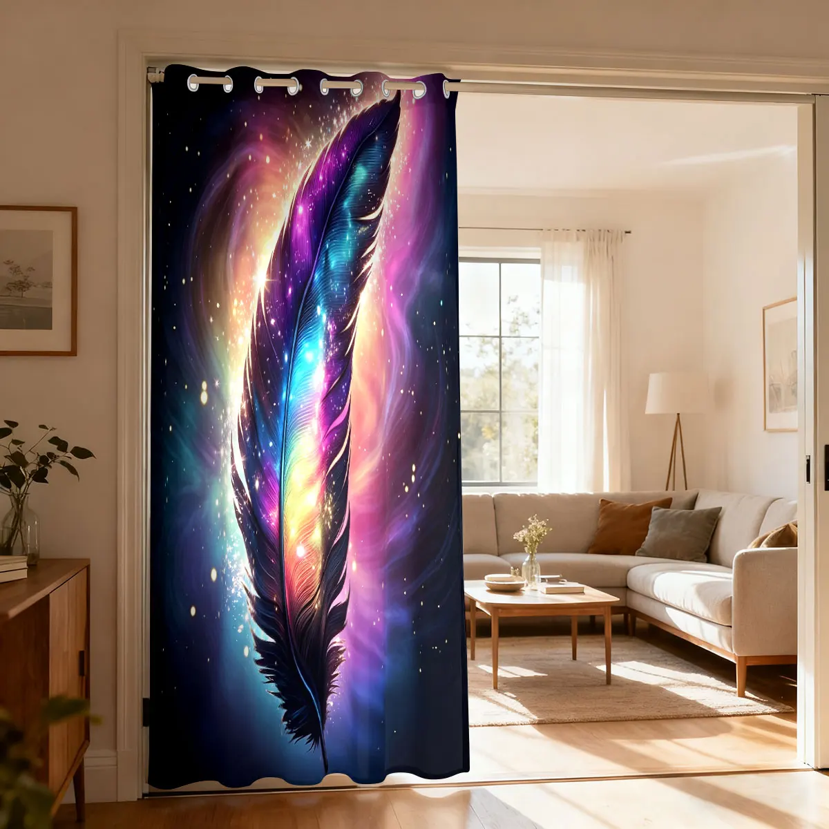Colorful Starry Sky Feather Print Single Panel Loop Top Curtain 1PC, Hanging Door Curtain For Living Room Bedroom, Stylish Ho