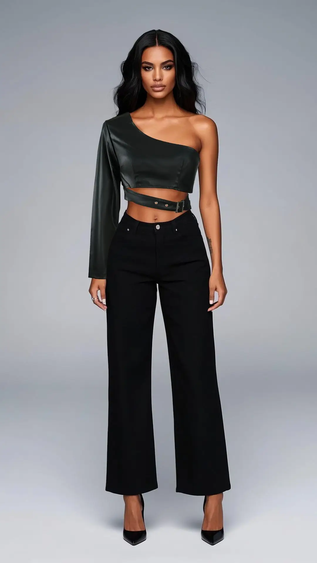 JHJN Chaqueta de cuero PU de un solo hombro sin cuello negra Cultivar el personaje moral Chaqueta corta irregular de baile callejero Rock